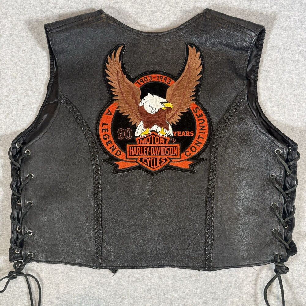 VTG Amin Leather Biker Vest Harley Davidson Eagle Patch 90s Lace Up L Motorcycle